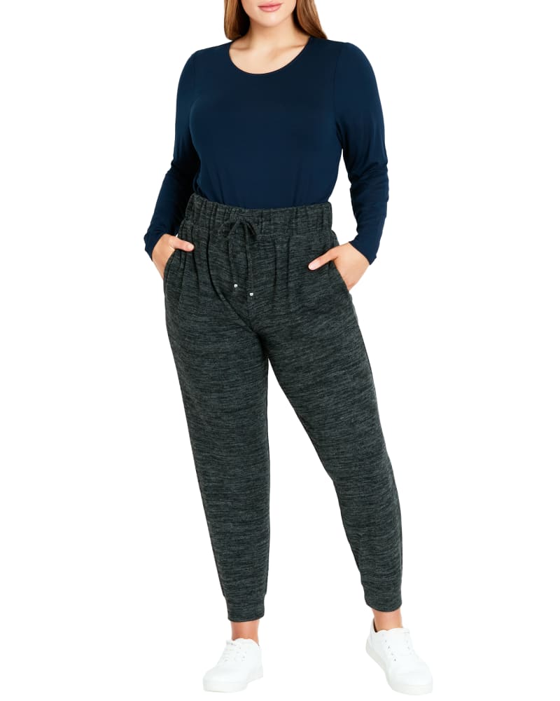 Front of a model wearing a size 14 Becca Soft Touch Tapered Pant in Charcoal Grey by Evans. | dia_product_style_image_id:234272